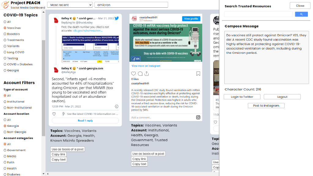 A social media dashboard with COVID-19 related content